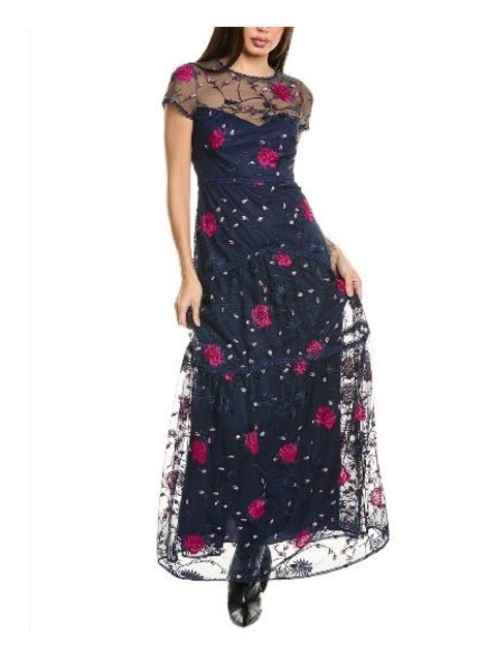 Monique Lhuillier Navy Tulle Maxi Gown with Fuchsia Floral Embroidery